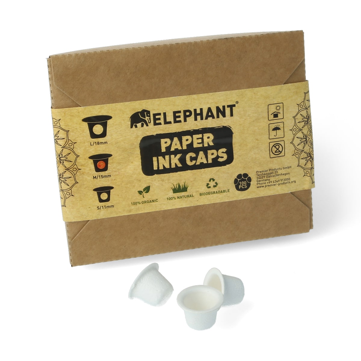 Elephant - Paper Ink Caps - Biologisch abbaubar - 100 Stück Durchmesser: 15 mm