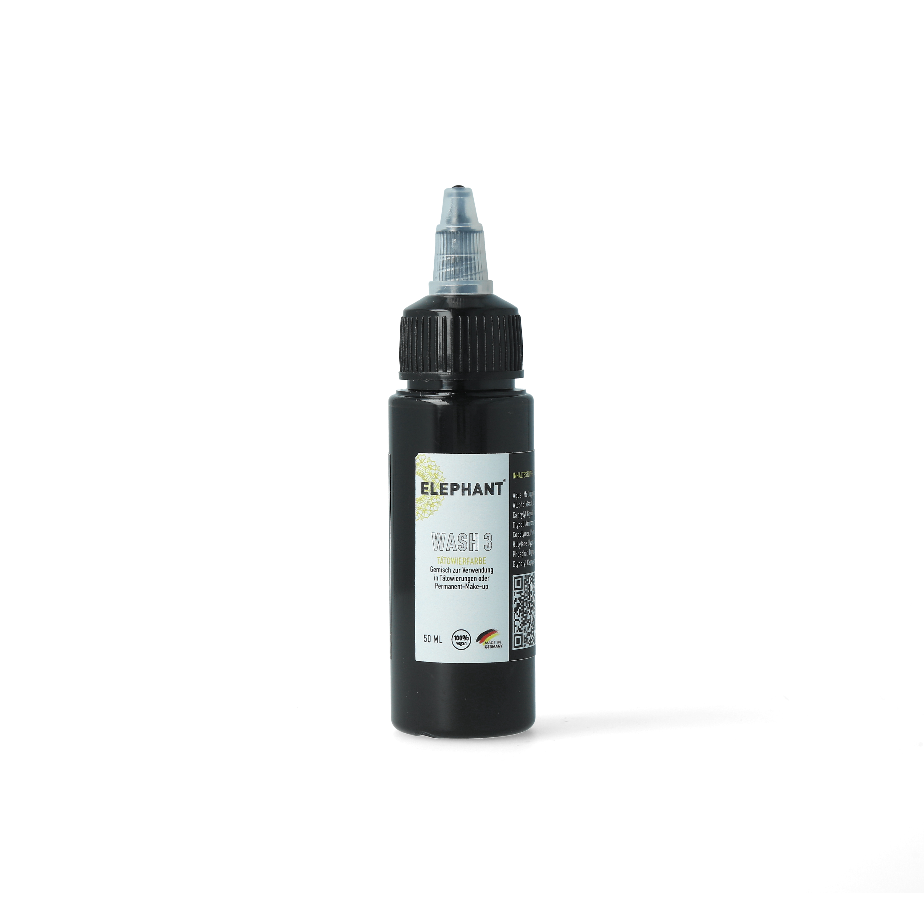 Elephant Tattoo Ink Wash 3 – Vorverdünnte schwarze Tätowierfarbe in der 50ml Flasche für mittlere bis dunkle Schattierungen