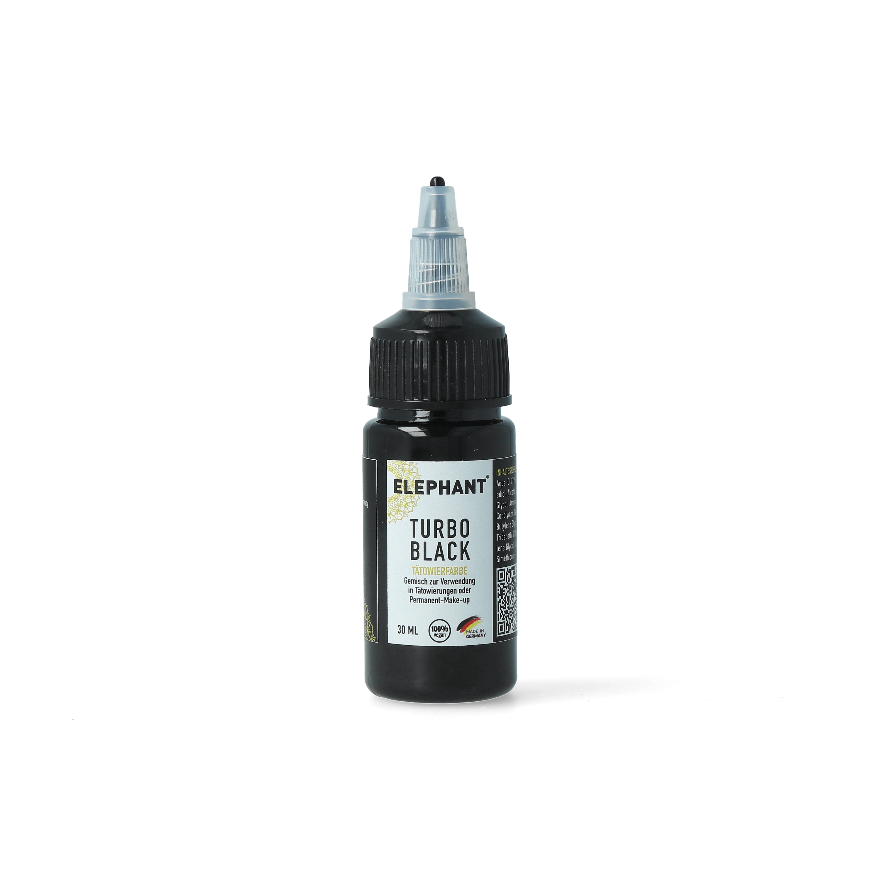 Elephant Tattoo Ink Turbo Black – Tiefschwarze Tätowierfarbe für extrem dunkle Füllungen (30ml)