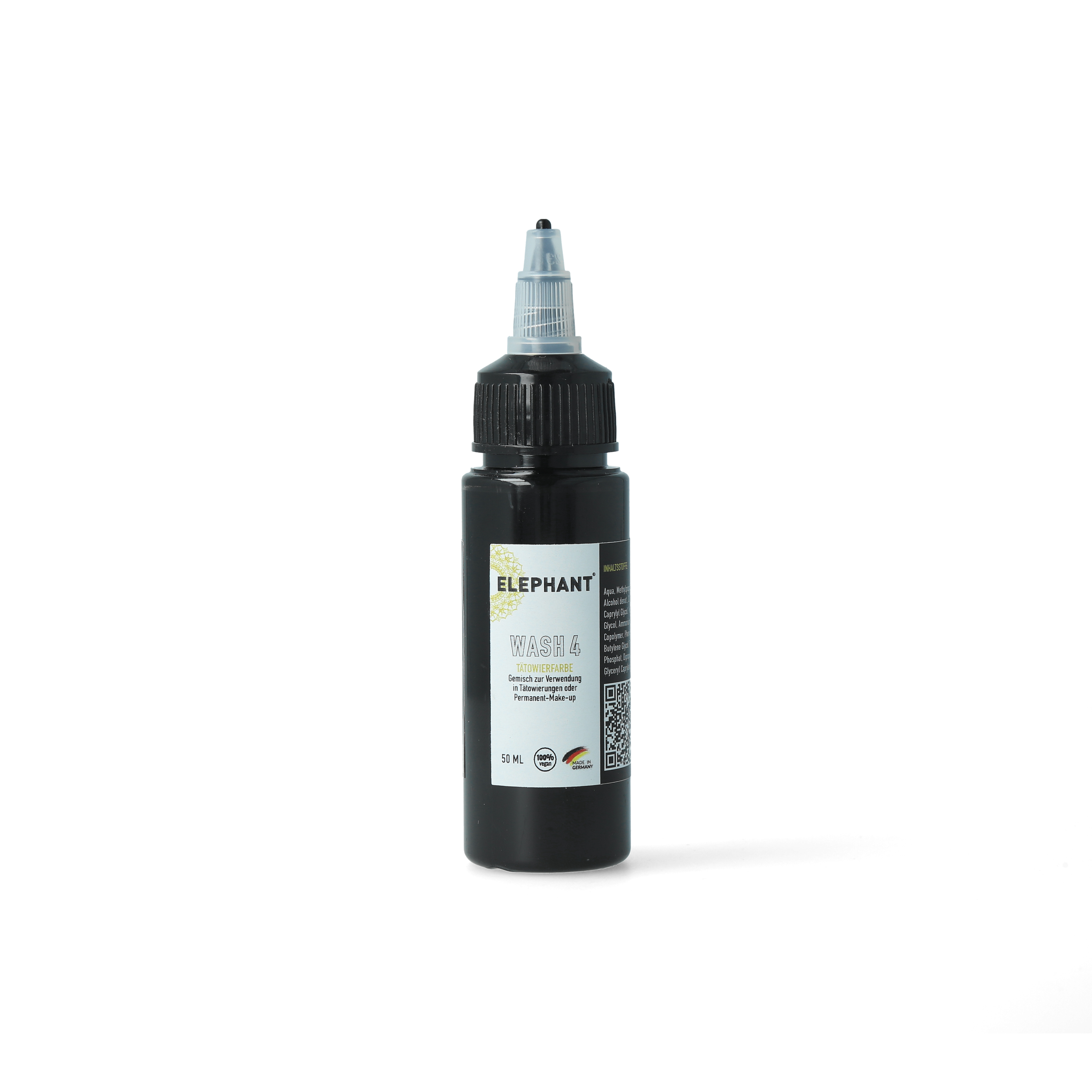 Elephant Tattoo Ink Wash 4 – Extra dunkle, vorverdünnte schwarze Tätowierfarbe in der 50ml Flasche für intensivste Schattierungen